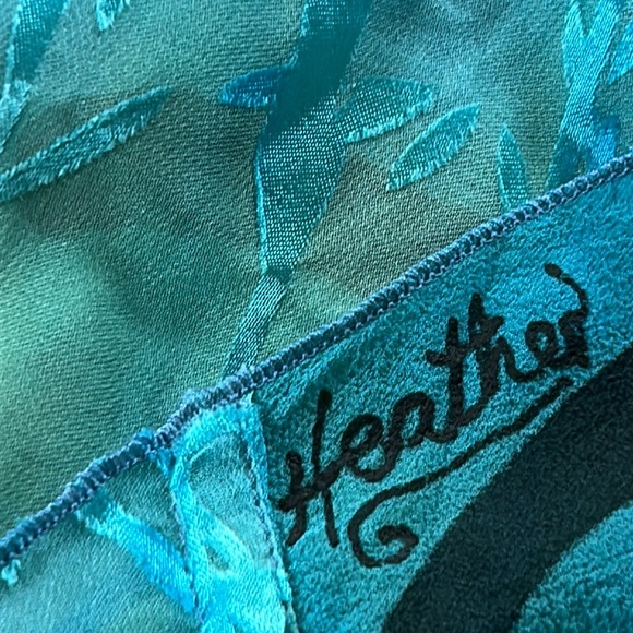 Hand-Painted Signed Open-Front Silk Kimono w Sheer Border Blue Green - Picture 6 of 12